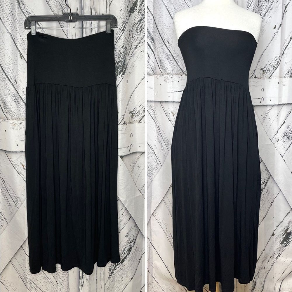 SIMLU Black Soft Knit Maxi Skirt Pockets S